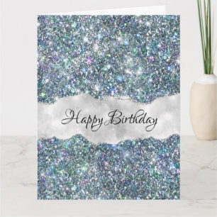 Whimsical Faux Blue and Silver Glitter Birthday Card