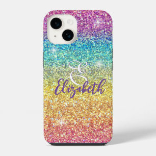 Whimsical Faux Ombre Rainbow Glitter Monogram  iPhone 14 Case