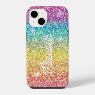 Whimsical Faux Ombre Rainbow Glitter Monogram iPhone 14 Case