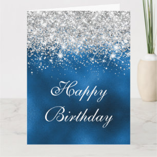 Whimsical Faux Royal Blue Silver Glitter Birthday Card