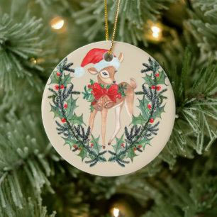 Whimsical Fawn Wreath Ceramic Ornament