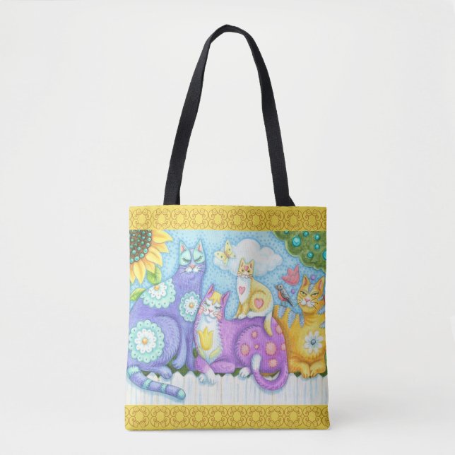 WHIMSICAL FELINE FRIENDS CAT TOTE BAG Yellow (Front)