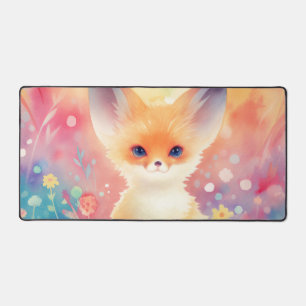 Whimsical Fennec Fox Pastel Watercolor Rainbow Desk Mat