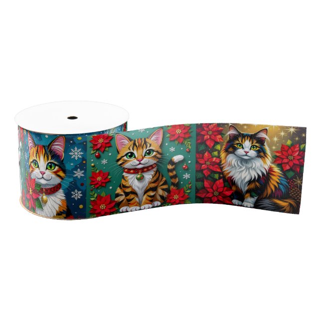 Whimsical Festive Cats Christmas  Grosgrain Ribbon (Spool)