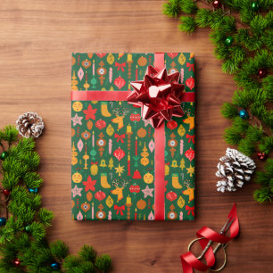 Whimsical Festive Ornaments & Reindeer Christmas Wrapping Paper