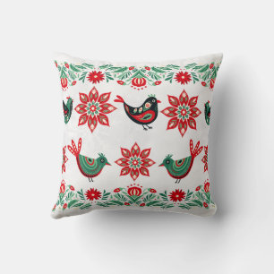 Whimsical Festive Scandinavian Folk Art Christmas Throw Pillow