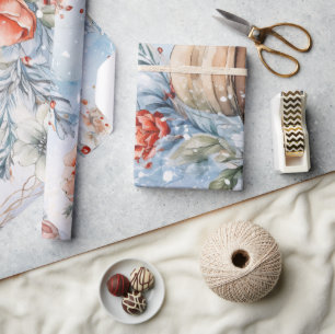 Whimsical Festive Vintage Floral Snowman Gift Wrapping Paper