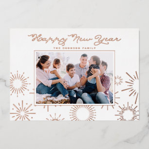 Whimsical Fireworks Photo Happy New Year Rose Gold Foil Holiday Card