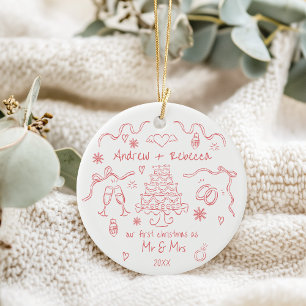 Whimsical first christmas married handdrawn doodle ceramic ornament