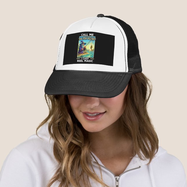 Whimsical Fishing Wizard Trucker Hat (In Situ)