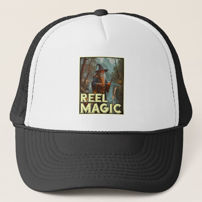 Whimsical Fishing Wizard Trucker Hat (Front)