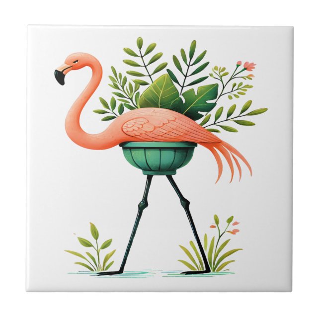 Whimsical FLAMINGO and Plants Tile (Front)
