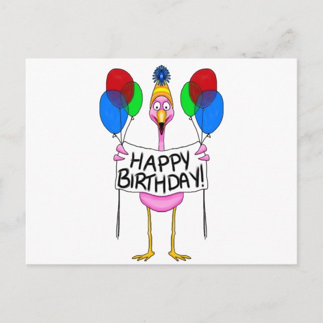 Whimsical Flamingo Happy Birthday Balloons Postcard (Front)