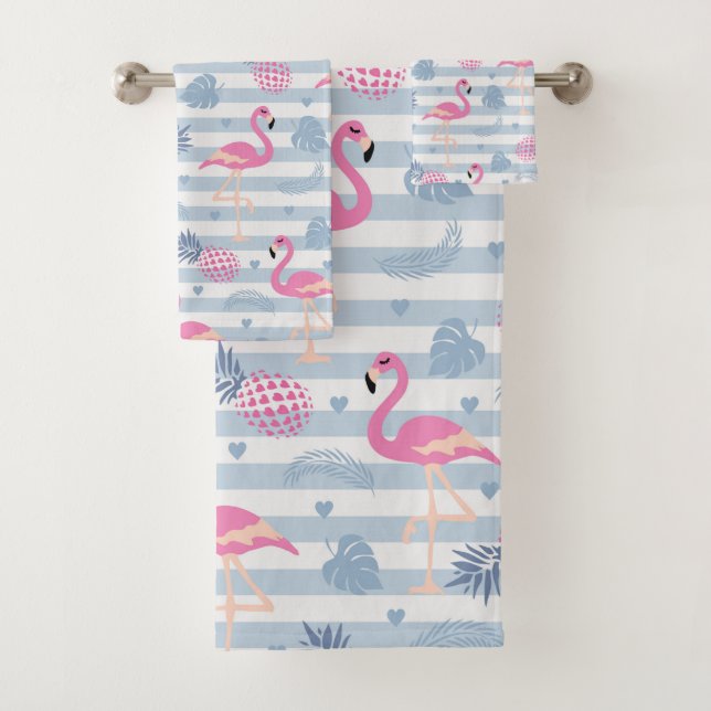 Whimsical Flamingo & Pineapple Pattern Bath Towel Set (Insitu)