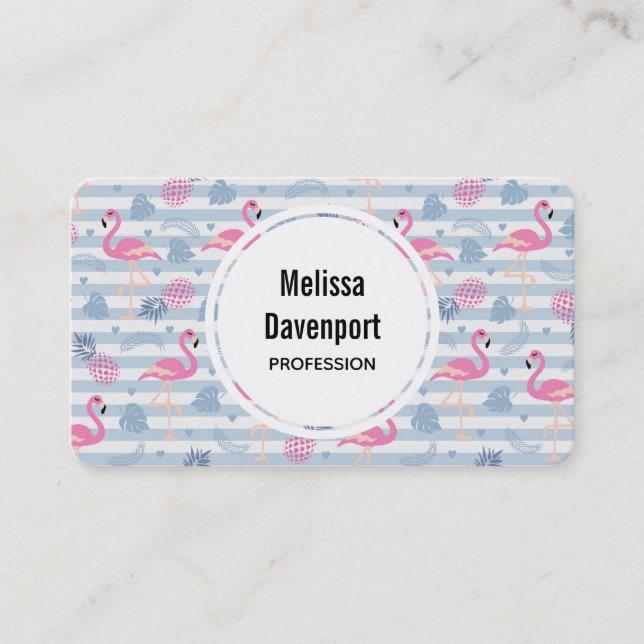 Whimsical Flamingo & Pineapple Pattern Business Card (Front)