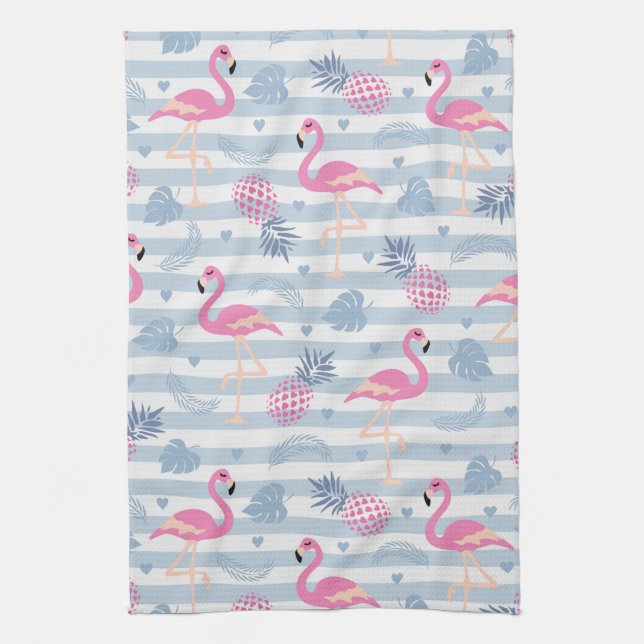 Whimsical Flamingo & Pineapple Pattern Kitchen Towel (Vertical)