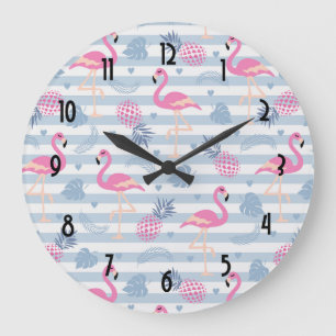 Whimsical Flamingo & Pineapple Pattern Large Clock