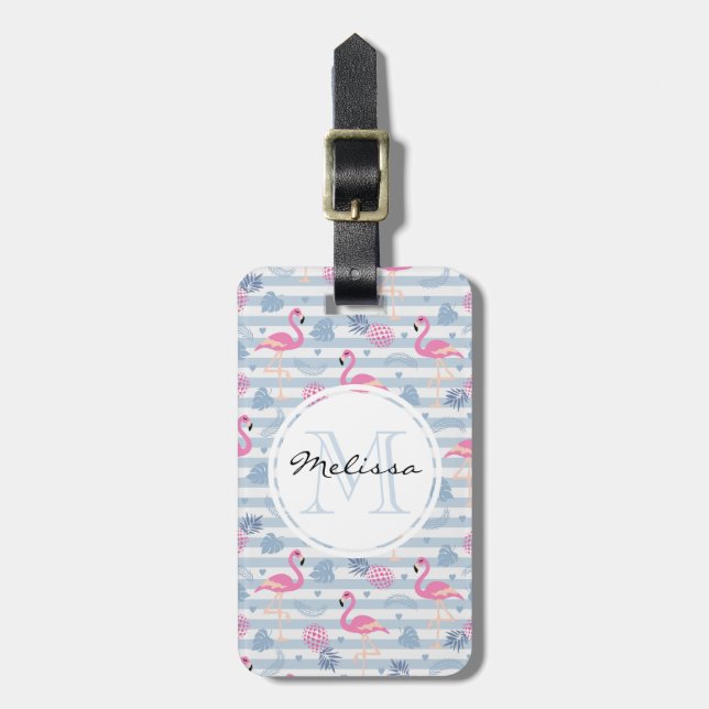 Whimsical Flamingo & Pineapple Pattern Luggage Tag (Front Vertical)
