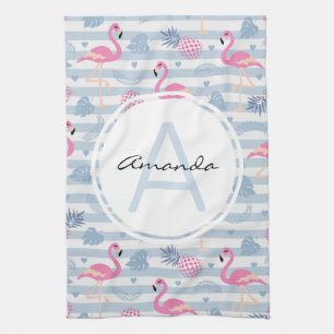 Whimsical Flamingo & Pineapple Pattern Monogram Kitchen Towel