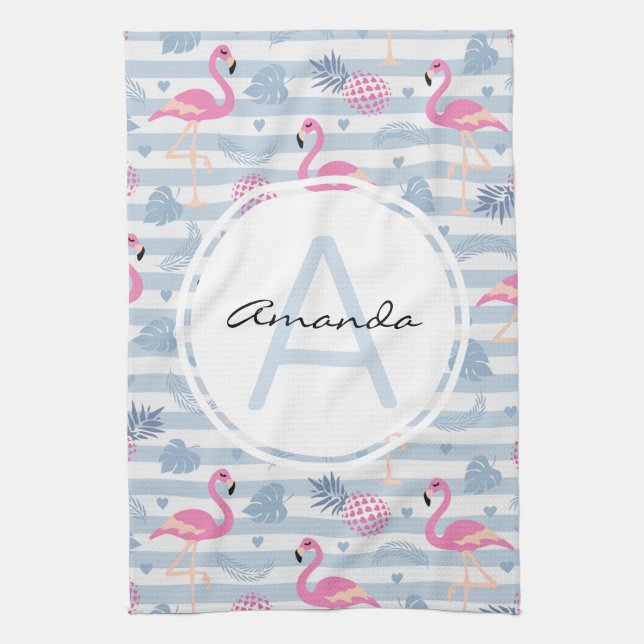 Whimsical Flamingo & Pineapple Pattern Monogram Kitchen Towel (Vertical)
