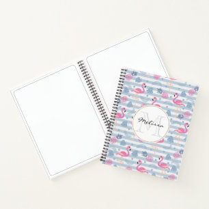 Whimsical Flamingo & Pineapple Pattern Monogram Notebook
