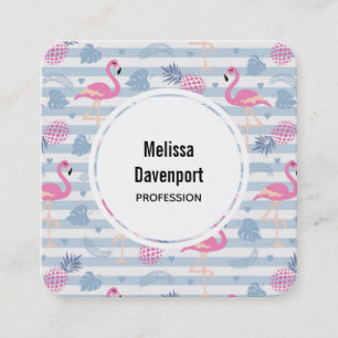Whimsical Flamingo & Pineapple Pattern Square Business Card