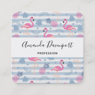 Whimsical Flamingo & Pineapple Pattern Square Business Card