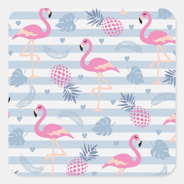 Whimsical Flamingo & Pineapple Pattern Square Sticker (Front)