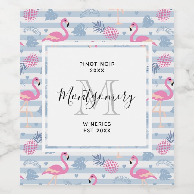 Whimsical Flamingo & Pineapple Pattern Wine Making Label (Single Label)