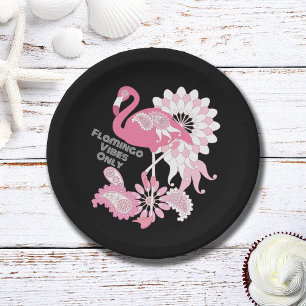 Whimsical Flamingo Vibes Only Black Pink Flamingo Paper Plate