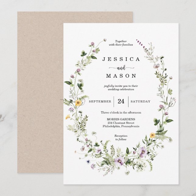 Whimsical Fleur sauvage Faire-part de mariage rust (Devant / Derrière)