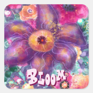 Whimsical Floral Abstract Art Teal Personalized  Square Sticker