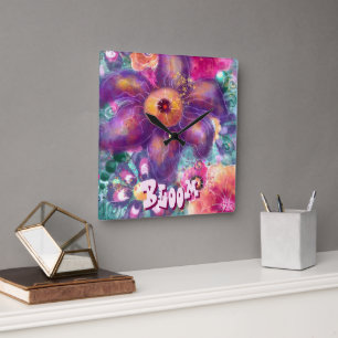 Whimsical Floral Abstract Art Teal Personalized Square Wall Clock