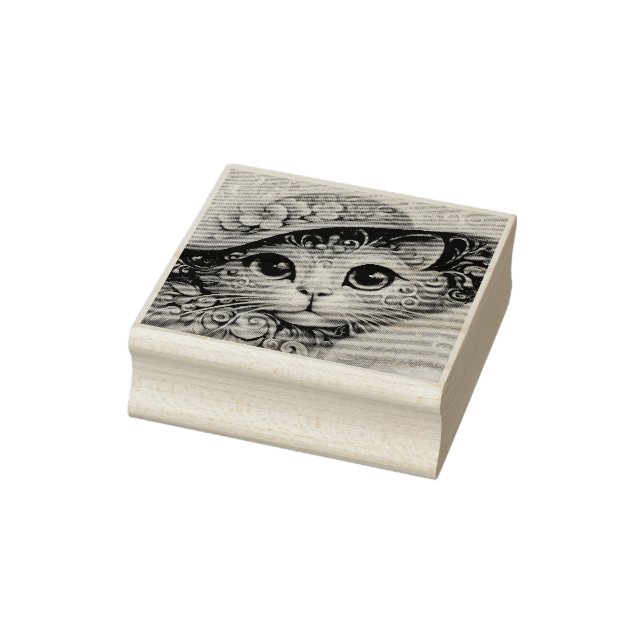 Whimsical Floral Abstract Kitty Cat with Hat Rubber Stamp (Stamp)