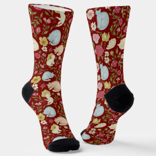 Whimsical Floral and Sleepy Cat Pattern Socks