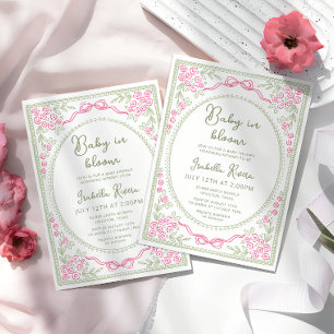 Whimsical Floral Baby Shower Pink and Green  Invitation