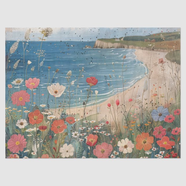 Whimsical Floral Beach Painting Rustic Decoupage Tissue Paper (Front)