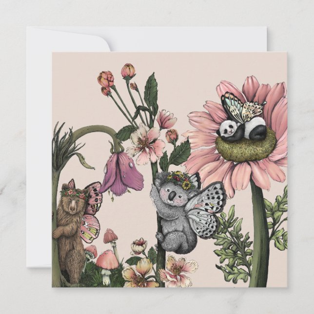 Whimsical Floral Bear Fairies Watercolor Art (Front)