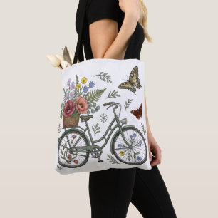 Whimsical Floral Bicycle & Butterflies Canvas Tote Bag
