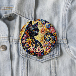 Whimsical Floral Black Cat Kitty Personalized 4 Inch Round Button