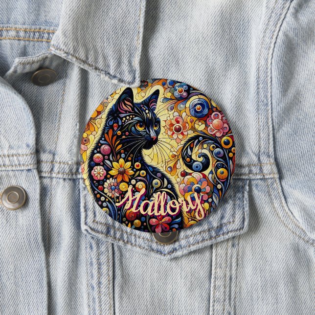 Whimsical Floral Black Cat Kitty Personalized 4 Inch Round Button (In Situ)