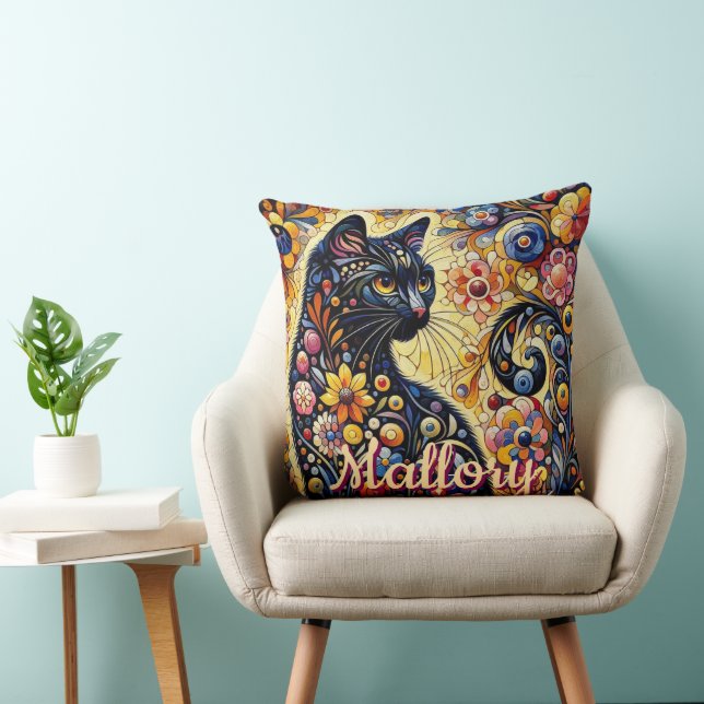 Whimsical Floral Black Cat Kitty Personalized Throw Pillow (Chair)