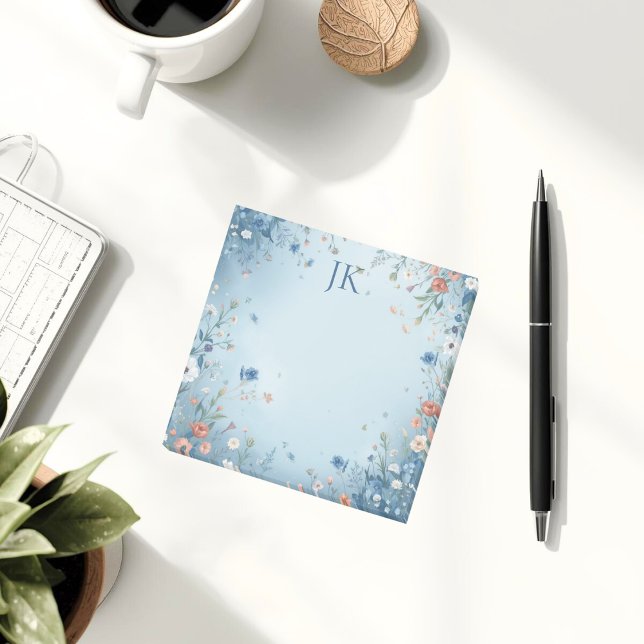 Whimsical Floral Blue Personalized Monogram Post-it Notes (Eye-catching and easy to personalize)