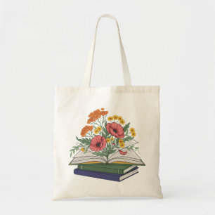Whimsical Floral Book Stack Cute Reader Graphic Tote Bag