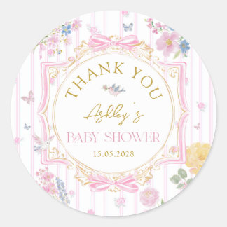 Whimsical Floral Bow Baby Girl Shower Thank You Classic Round Sticker