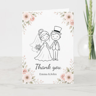 Whimsical Floral Bride Groom Wedding Thank You Card