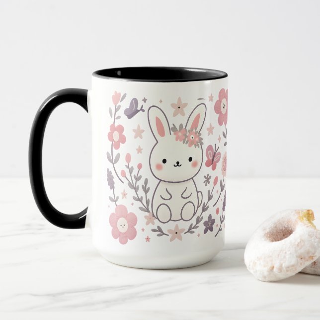 Whimsical Floral Bunny Ceramic Mug (With Donut)
