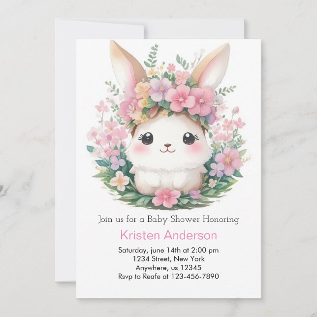 Whimsical Floral Bunny Girl Baby Shower Invitation (Front)