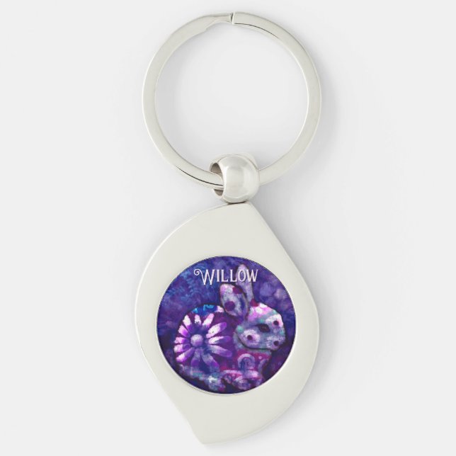 Whimsical Floral Bunny Rabbit Personalized Keychain (Front)