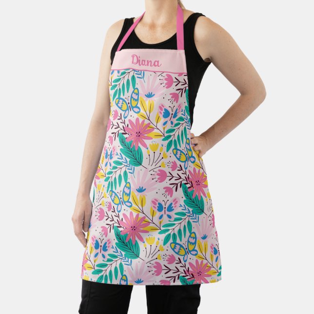 Whimsical Floral Butterfly Pink Nature Design Apron (Insitu)